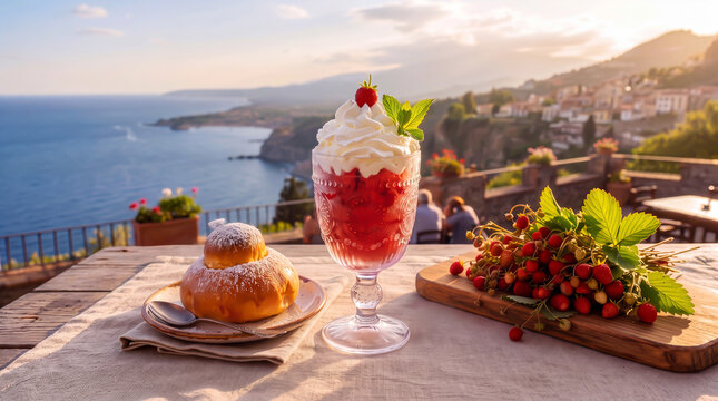 Italian wild strawberry granita topped with fresh whipped cream and mint, served with brioche col tuppo bun on wooden table overlooking a scenic view of the Sicilian coast.