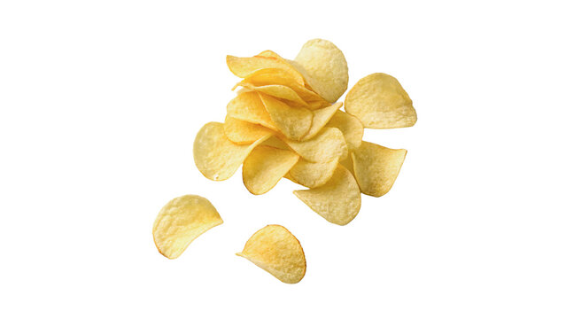 Heap of crispy golden potato chips isolated on transparent background
