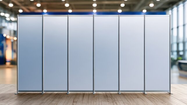 A blank, six-panel folding display board stands on a wooden floor in a modern, well-lit indoor setting.