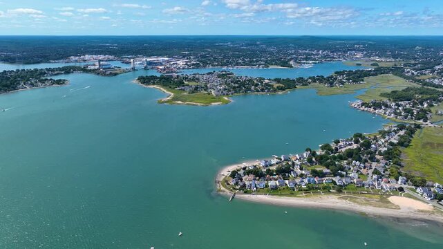 Houghs Neck and Nut Island aerial view between Weymouth Fore River and Quincy Bay in city of Quincy, Massachusetts MA, USA. 
