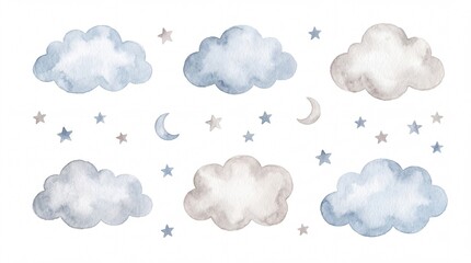 Obraz premium Watercolor nursery clouds and stars illustration, soft blue and beige celestial elements, isolated on white background, gentle baby room decor, children's design resource