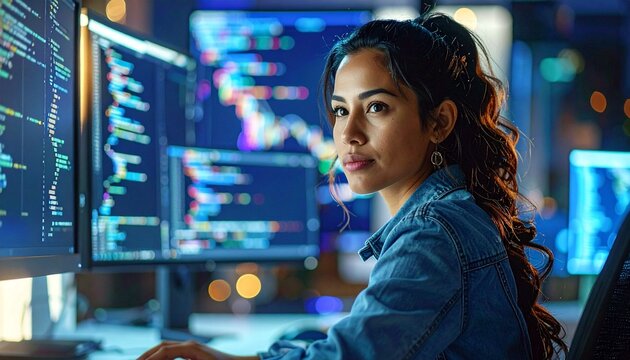 Focused female software developer working on code at night