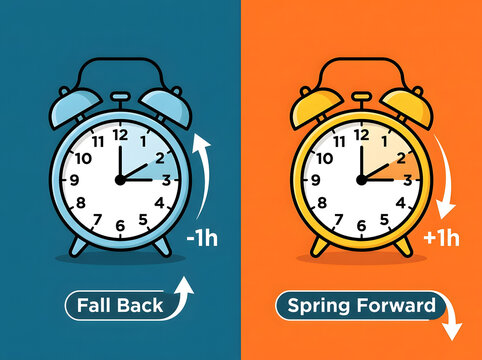 Daylight saving time concept with spring forward and fall back alarm clocks