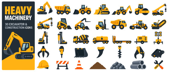 Naklejka na ściany i meble Heavy machinery and construction equipment vector icon set