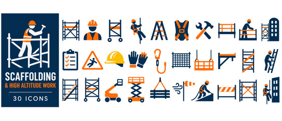 Naklejka na ściany i meble Scaffolding and construction safety vector icon set
