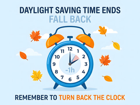 Daylight Saving Time Ends alarm clock graphic with autumn leaves