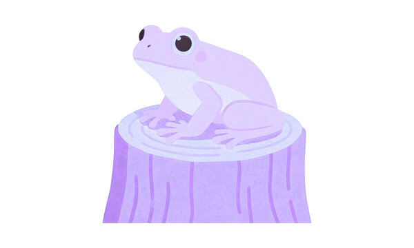 Cute purple frog sitting on a wooden tree stump isolated graphic