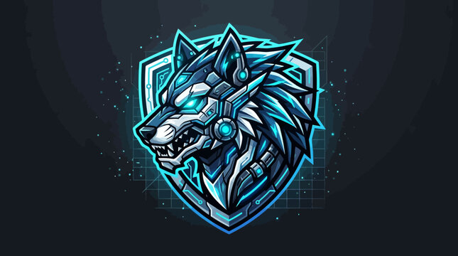 Glowing wolf head in shield logo.
