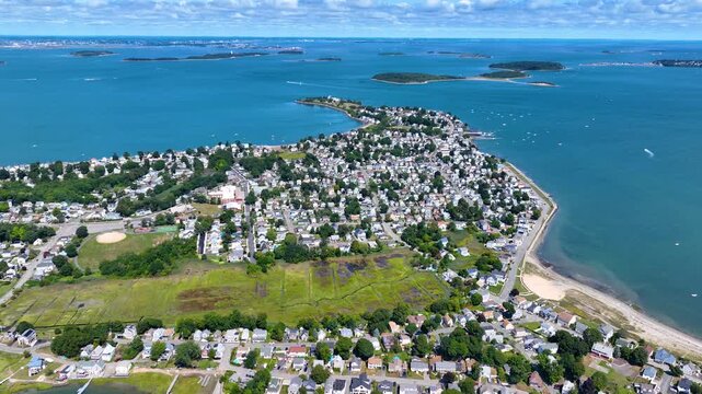 Houghs Neck and Nut Island aerial view between Weymouth Fore River and Quincy Bay in city of Quincy, Massachusetts MA, USA. 