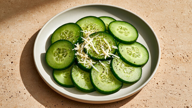 Sliced cucumber salad with grated cheese on ceramic plate on light table  