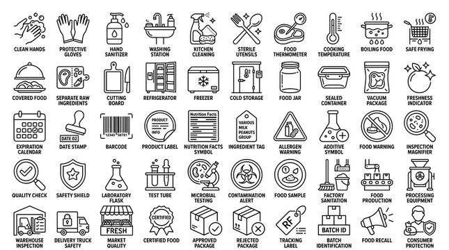 50 Food Safety Outline Icons Featuring Hygiene, Preparation, Storage, Inspection, Health Protection, Additives, Labeling and Market Standards