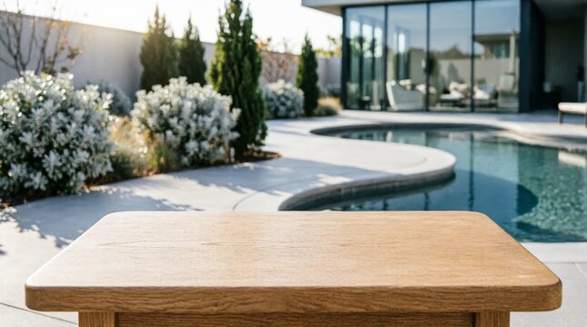 Wooden Table In Modern Backyard With Swimming Pool And House For Product Display