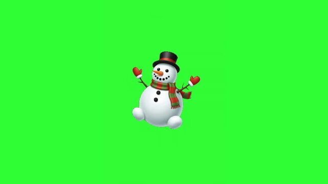 Green screen animation of a snowman wearing a scarf and spinning around.