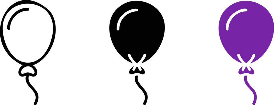 Grouping of balloon icons in outline solid black and vibrant purple ideal for celebrations party invitations and decorations.