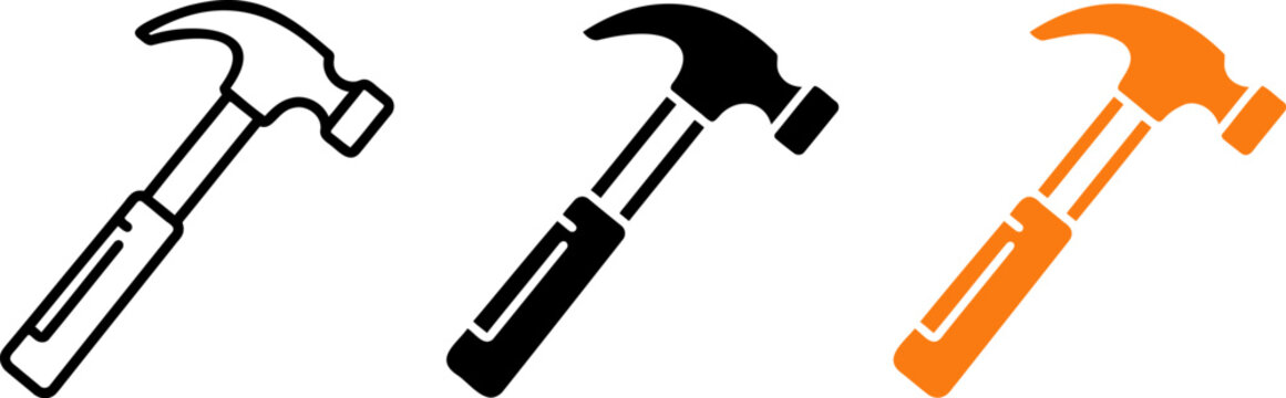 Hammer and tool icons in black orange and outline versions representing construction repair and DIY projects for hardware and building industries.