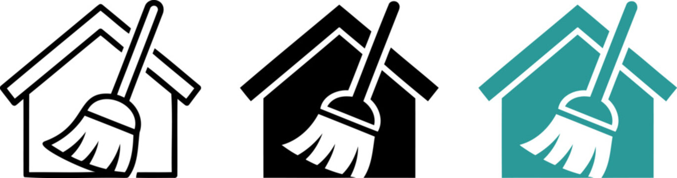 Housekeeping and cleaning icons with broom and mop in black and teal colors representing home maintenance and tidy services for websites and apps.