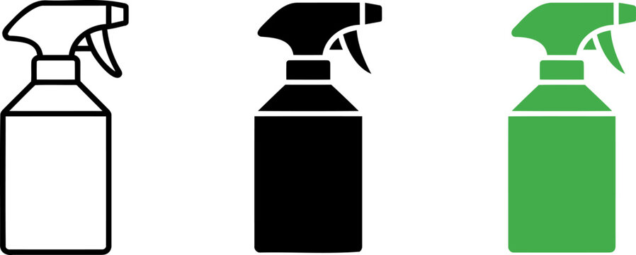 Spray bottle icons in black line solid and green styles for cleaning supplies and hygiene maintenance tools for home and industrial chemical liquid dispensers.