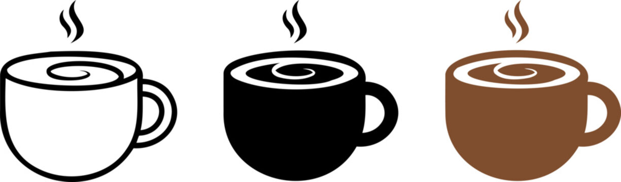 Steaming coffee cups in black, brown, and outline styles for beverage and cafe concepts.