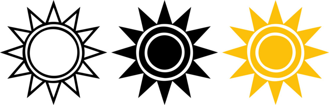 Sun icons in yellow, black, and outline for sunny weather, energy, and summer themes.