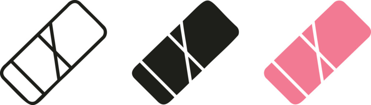 Three eraser icons in black outline, solid black, and pink perfect for school, office, and art supplies representation.