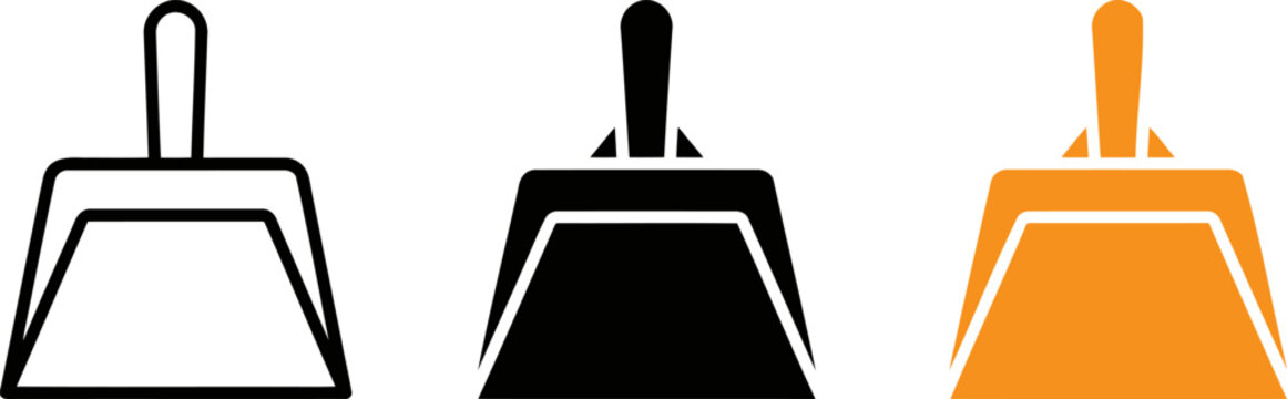 Three dustpan icons in outline, black, and orange colors for cleaning and household chores.