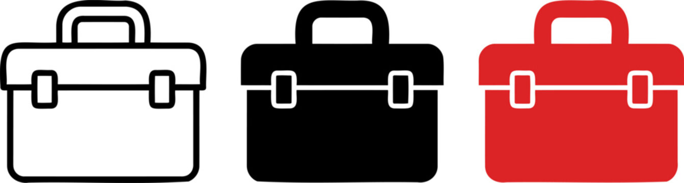 Toolbox icons in black line solid and red styles for maintenance equipment storage and construction site professional technician gear carrying case hardware.
