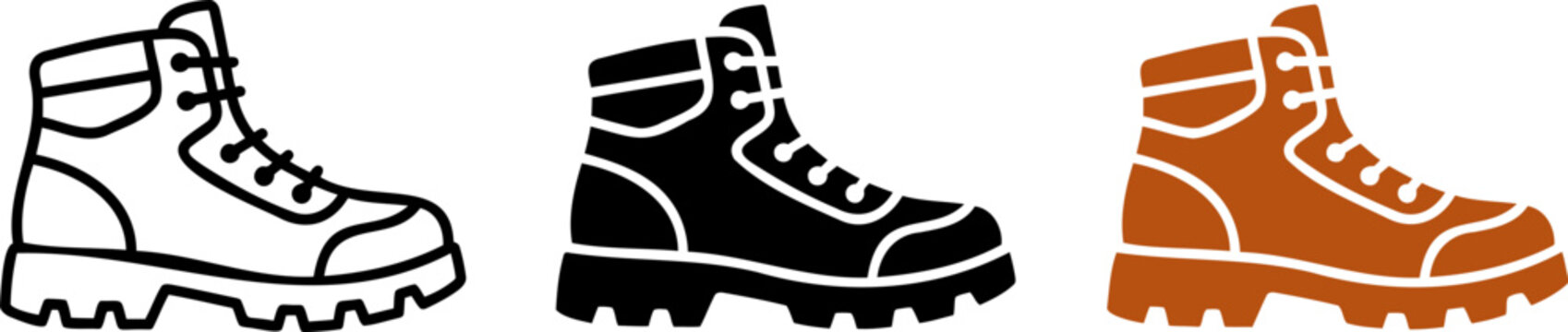 Three hiking boot icons in black outline, solid black, and brown perfect for outdoor, adventure, and footwear design.