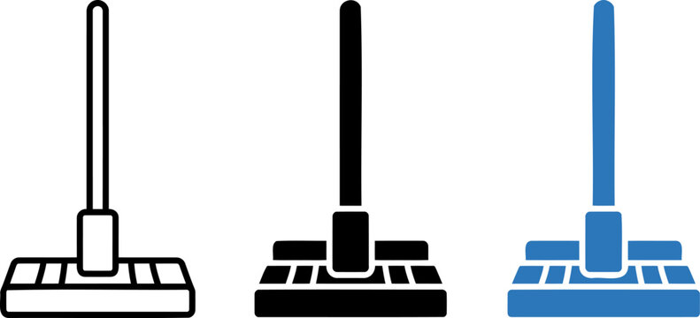 Vacuum cleaner and floor cleaning tools icons in blue black and outline styles depicting home cleaning and janitorial services.