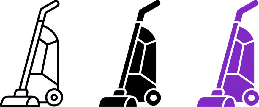 Vacuum cleaner icons in black line solid and purple styles for home appliance floor maintenance and cleaning equipment devices for indoor residential hygiene.