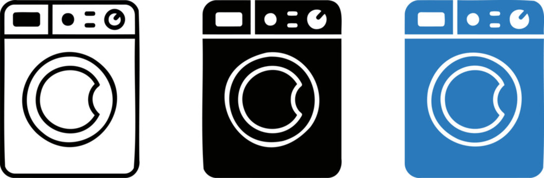 Washing machine icon set including linear outline black solid and blue colored graphics for laundry room service design and domestic appliance retail marketing.