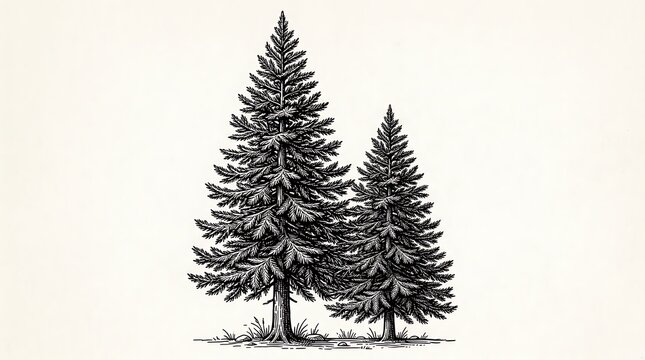 A beautiful black and white sketch of evergreen trees evokes the spirit of winter and christmas celebrations