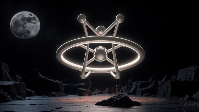 Futuristic object floats above barren landscape. Moon visible, dim lights suggest distant settlement. Dark, dramatic scene.