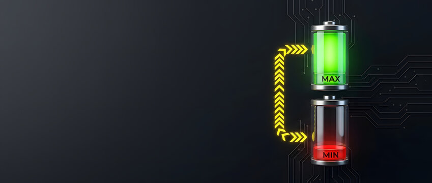 Conceptual 3D illustration of battery charge levels showing maximum and minimum power status on a dark circuit board background with glowing energy indicator arrows for technology and energy