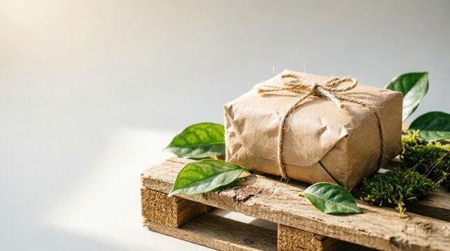 Eco Friendly Gift Box Wrapped in Kraft Paper on Wooden Pallet with Green Leaves for Sustainable Packaging