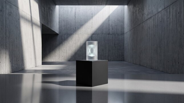 Luminous quantum core in frosted glass cylinder on black plinth inside monumental concrete brutalist gallery, advanced technology and AI concept with vast copy space   
