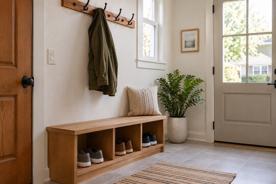 Practical mudroom with hooks and open shoe storage