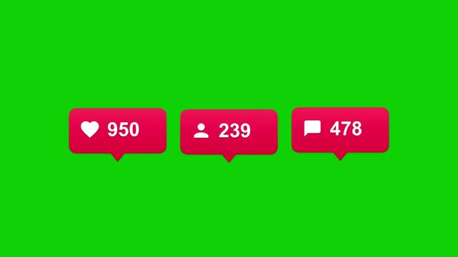 Social media notification overlay on green screen, pink like follower comment icon counters, digital engagement badge overlay for video content creators