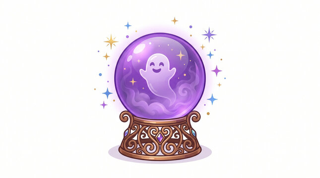 Cute ghost inside a magical purple crystal ball with sparkling stars