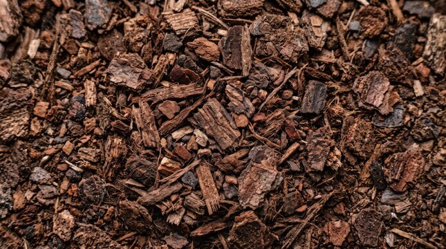 Raw forest bark granule and timber fiber composite texture, dark organic natural material surface filling frame for environmental design templates