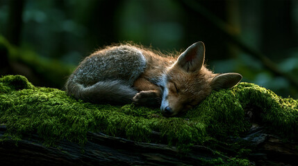 Obraz premium baby fox sleeping curled up in moss on a forest log, peaceful wildlife scene, cinematic detail, young fox resting in woodland