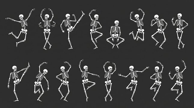 Dancing skeletons collection vector illustration set of human bones in various poses isolated on dark background
