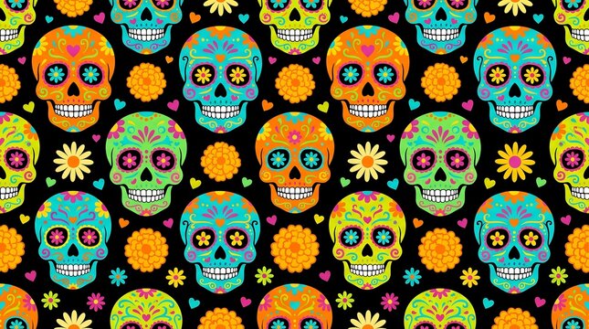 Day of the dead seamless pattern with colorful sugar skulls and marigold flowers background vector