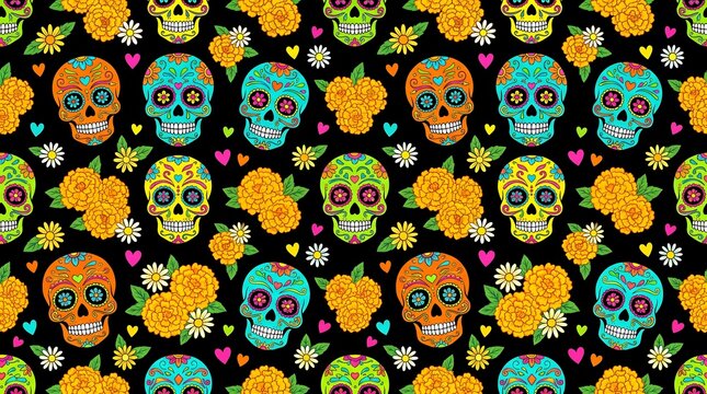 Day of the dead sugar skulls seamless pattern with marigold flowers and hearts on black background