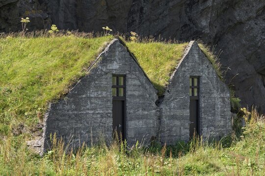 Grass turf houses, near Skogar, Ring Road, Sudurland, Southern Iceland, Iceland