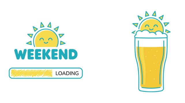 Weekend loading concept with smiling sun and beer glass on white surface