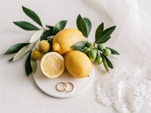 Lemon citrus wedding gold ring still life fruit leaf green fabric lace fresh lemon citrus wedding gold ring still life white marble plate with green leaf branch and delicate lace fabric creating
