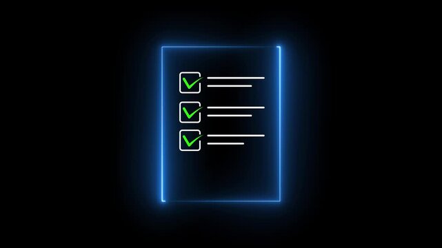 Glowing neon check list animated outline icon. Checklist line icon animation. document marking, mark icon on alpha transparent background