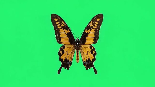 Golden Birdwing butterfly on green screen background.