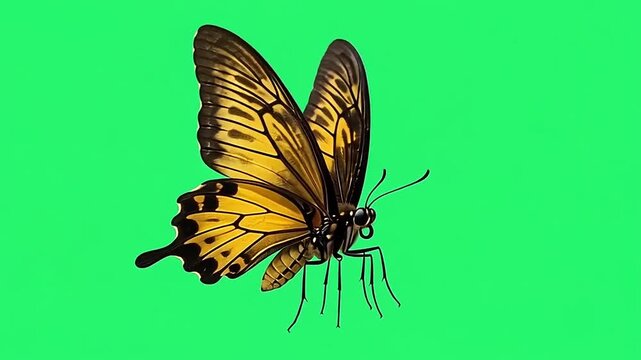 Golden Birdwing butterfly on green screen background.