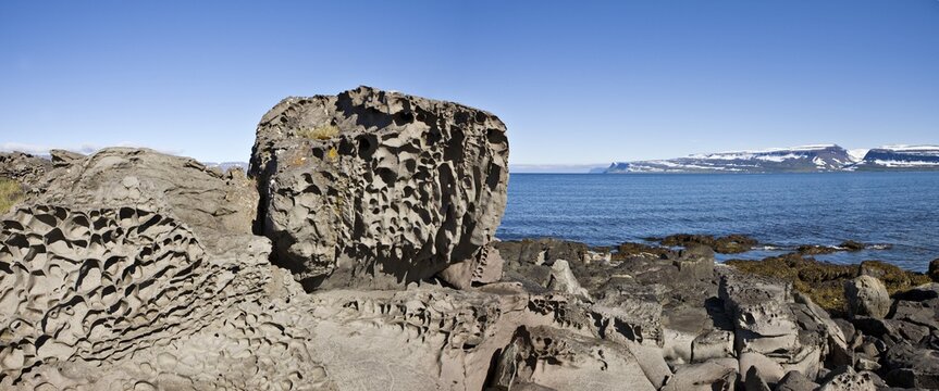 Bizarre rock formations along the coast, Western Fjord, Iceland, Atlantic Ocean